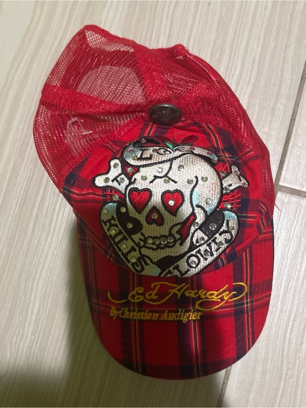 Ed Hardy Red Plaid Kids Trucker Hat with Skull Patch